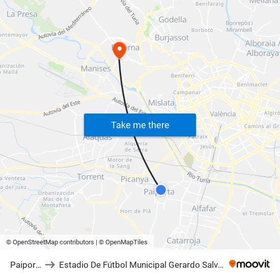 Paiporta to Estadio De Fútbol Municipal Gerardo Salvador map