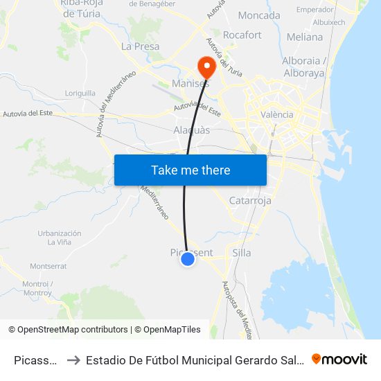 Picassent to Estadio De Fútbol Municipal Gerardo Salvador map