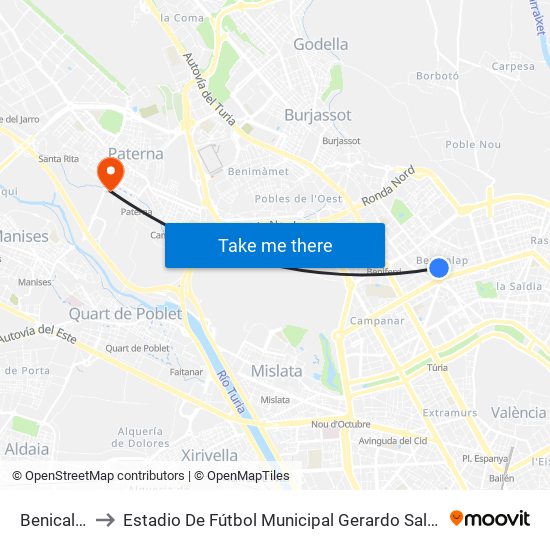 Benicalap to Estadio De Fútbol Municipal Gerardo Salvador map