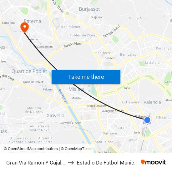 Gran Vía Ramón Y Cajal - C/ Bailén [València] to Estadio De Fútbol Municipal Gerardo Salvador map