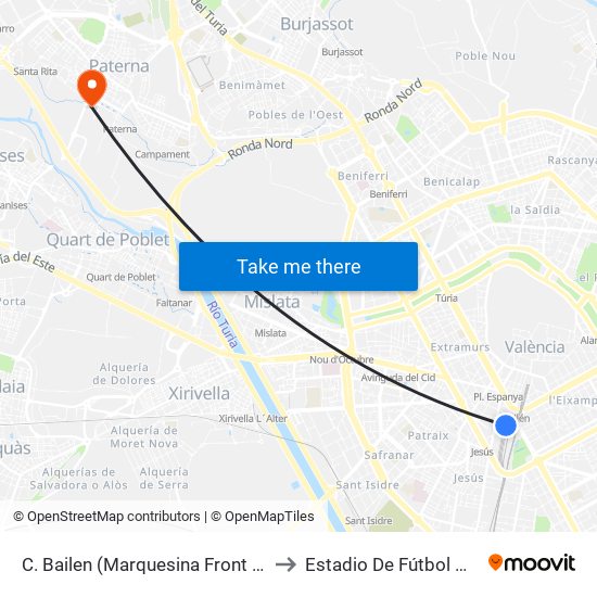 C. Bailen (Marquesina Front Parada Taxis) Estació Ave [València] to Estadio De Fútbol Municipal Gerardo Salvador map