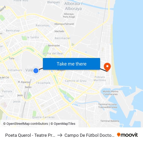 Poeta Querol - Teatre Principal to Campo De Fútbol Doctor Lluch map