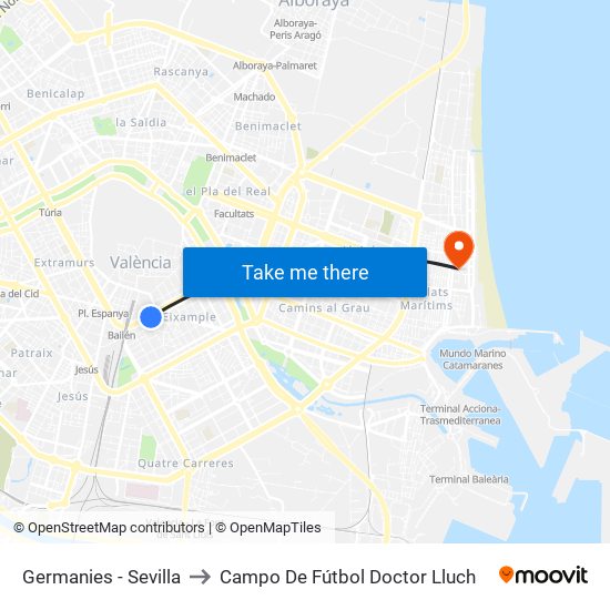 Germanies - Sevilla to Campo De Fútbol Doctor Lluch map