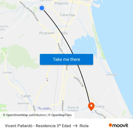 Vicent Pallardó - Residencia 3ª Edad to Riola map