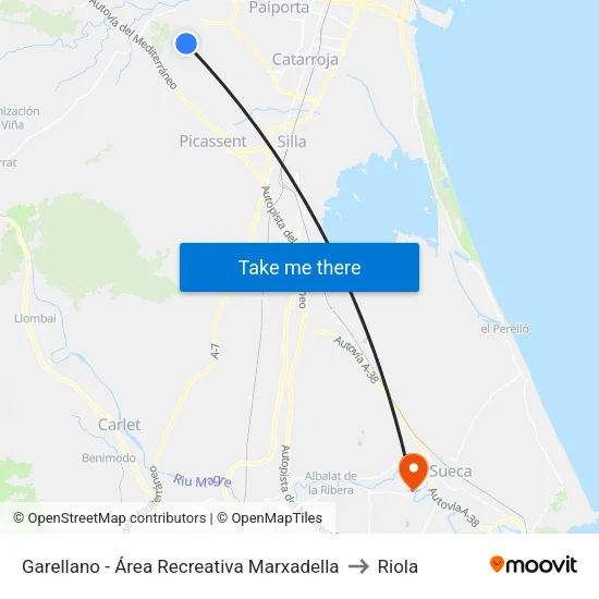 Garellano - Área Recreativa Marxadella to Riola map