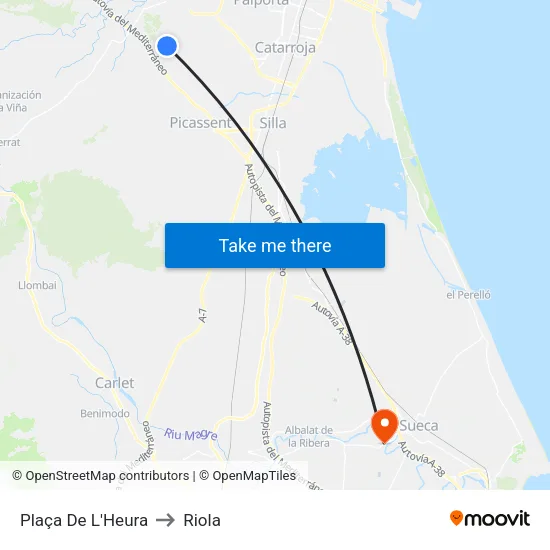 Plaça L´Heura to Riola map