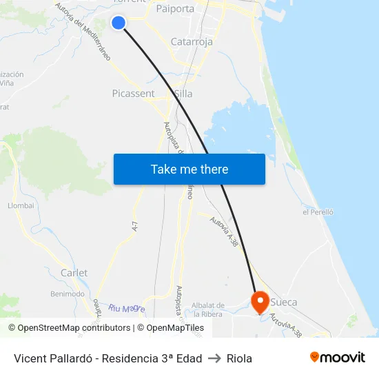 Vicent Pallardó - Residencia 3ª Edad to Riola map