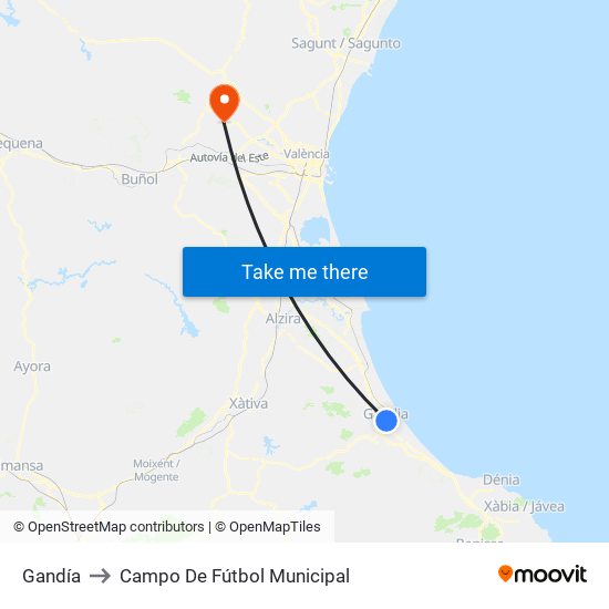 Gandía to Campo De Fútbol Municipal map