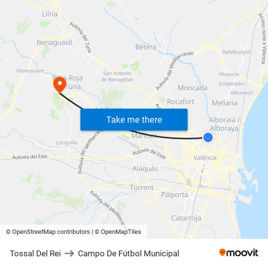 Tossal Del Rei to Campo De Fútbol Municipal map