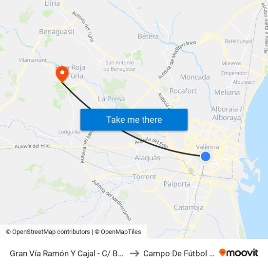 Gran Vía Ramón Y Cajal - C/ Bailén [València] to Campo De Fútbol Municipal map