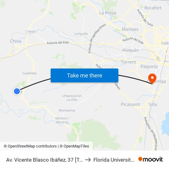 Av. Vicente Blasco Ibáñez, 37 [Turís] to Florida Universitària map