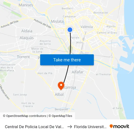 Central De Policia Local De València to Florida Universitària map