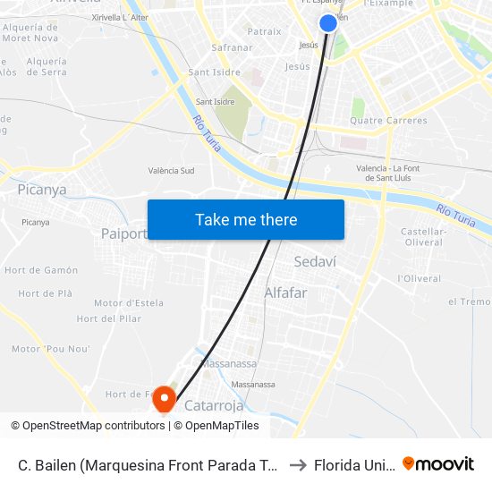 C. Bailen (Marquesina Front Parada Taxis) Estació Ave [València] to Florida Universitària map