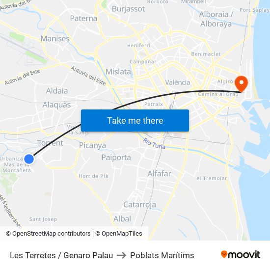 Les Terretes / Genaro Palau to Poblats Marítims map