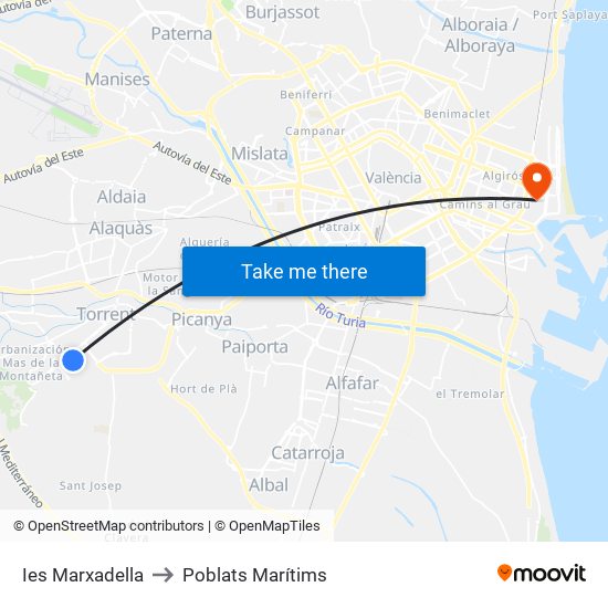 Ies Marxadella to Poblats Marítims map