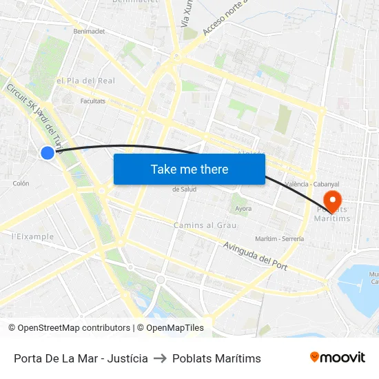 Porta De La Mar - Justícia to Poblats Marítims map