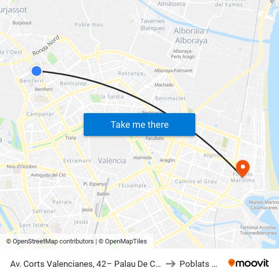 Av. Corts Valencianes, 42– Palau De Congressos [València] to Poblats Marítims map