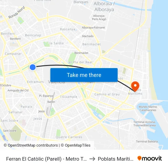 València. Ferran El Catòlic (Parell) - Metro Túria to Poblats Marítims map