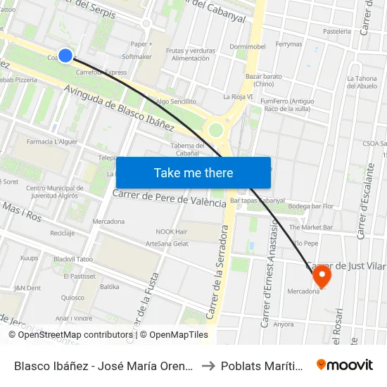 Blasco Ibáñez - José María Orense to Poblats Marítims map