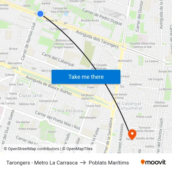 Tarongers - Metro La Carrasca to Poblats Marítims map