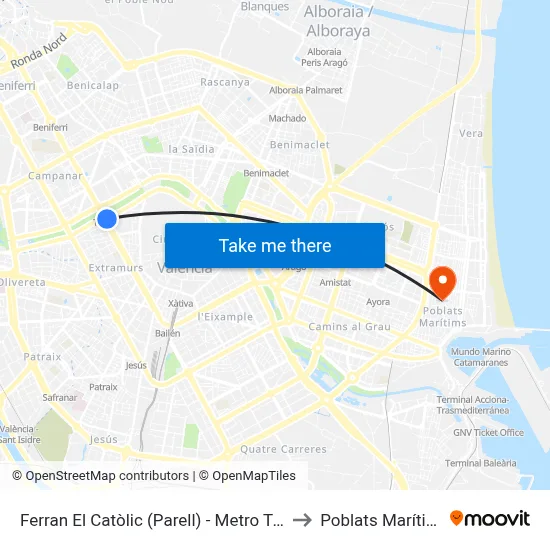 Ferran El Catòlic (Parell) - Metro Túria to Poblats Marítims map