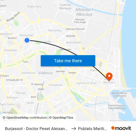 Burjassot - Doctor Peset Aleixandre to Poblats Marítims map