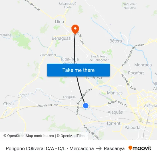 Polígono L'Oliveral C/A - C/L - Mercadona to Rascanya map