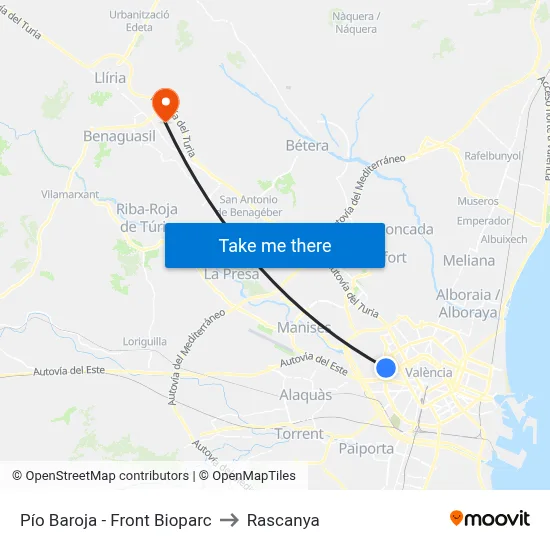 Pío Baroja - Front Bioparc to Rascanya map