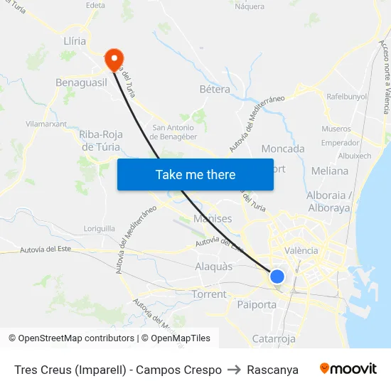 Tres Creus (Imparell) - Campos Crespo to Rascanya map