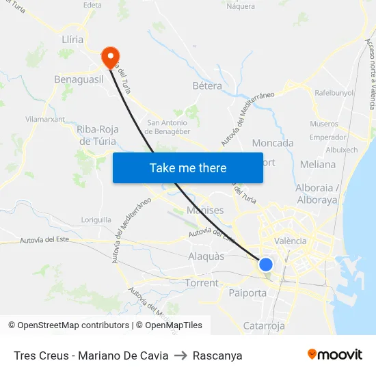 Tres Creus - Mariano De Cavia to Rascanya map
