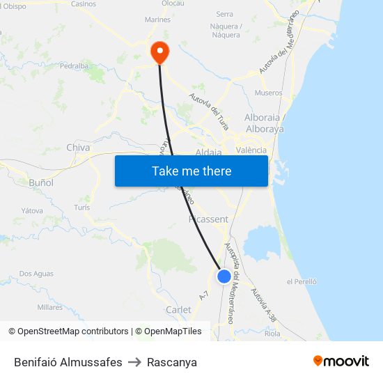 Benifaió Almussafes to Rascanya map