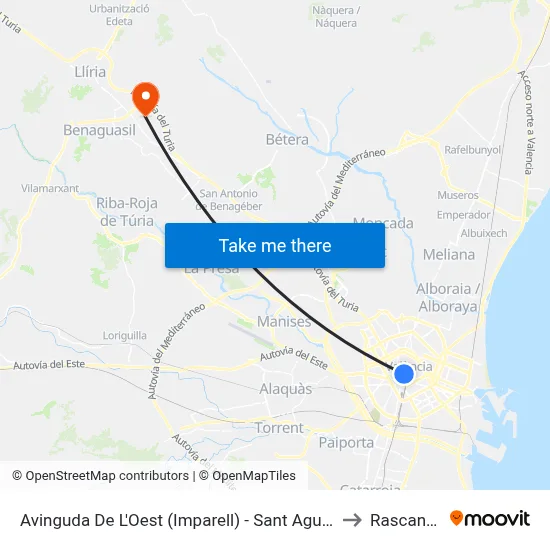 Avinguda De L'Oest (Imparell) - Sant Agustí to Rascanya map