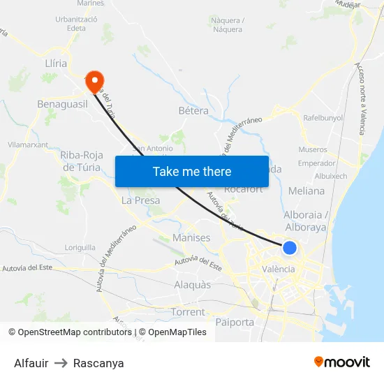 Alfauir to Rascanya map