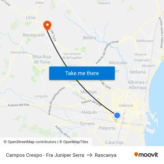 Campos Crespo - Fra Juníper Serra to Rascanya map