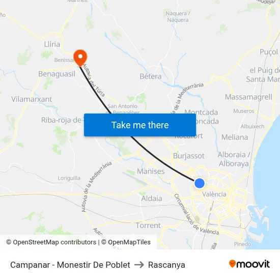 Campanar - Monestir De Poblet to Rascanya map
