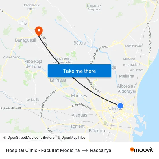 Hospital Clínic - Facultat Medicina to Rascanya map