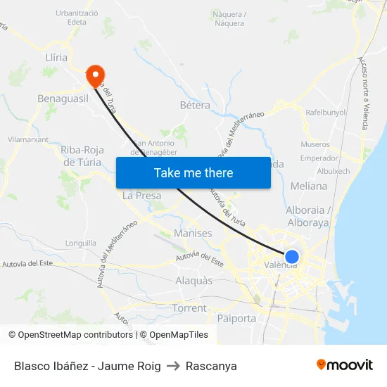 Blasco Ibáñez - Jaume Roig to Rascanya map