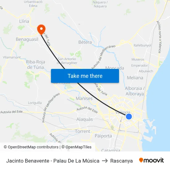 Jacinto Benavente - Palau De La Música to Rascanya map