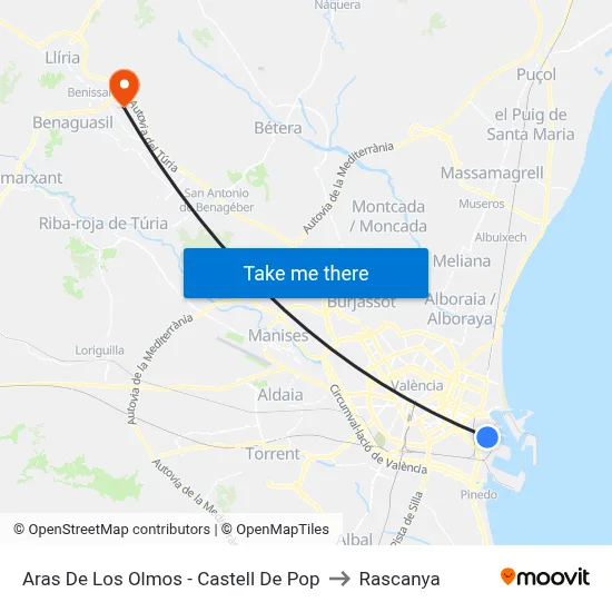 Aras De Los Olmos - Castell De Pop to Rascanya map