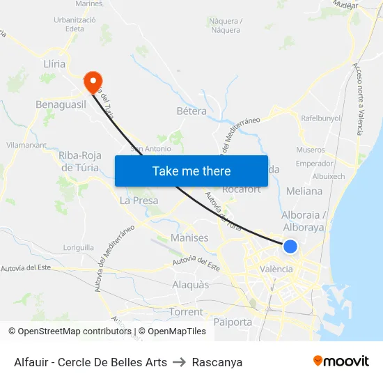 Alfauir - Cercle De Belles Arts to Rascanya map