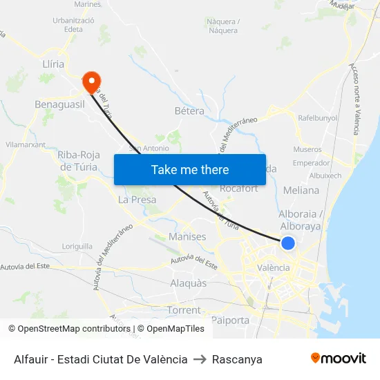 Alfauir - Estadi Ciutat De València to Rascanya map