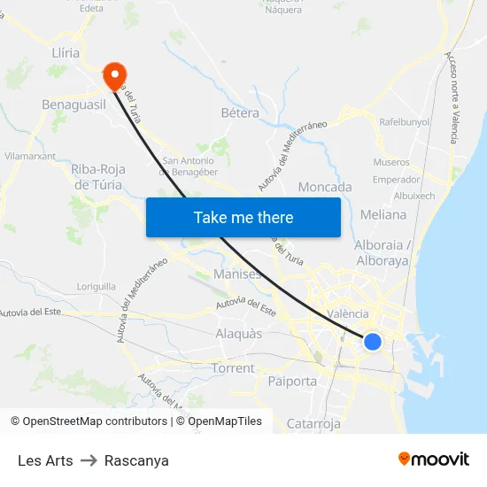 Les Arts to Rascanya map