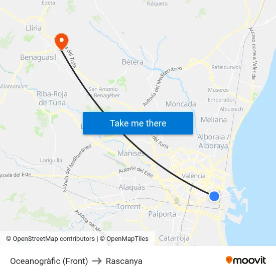 Oceanogràfic (Front) to Rascanya map