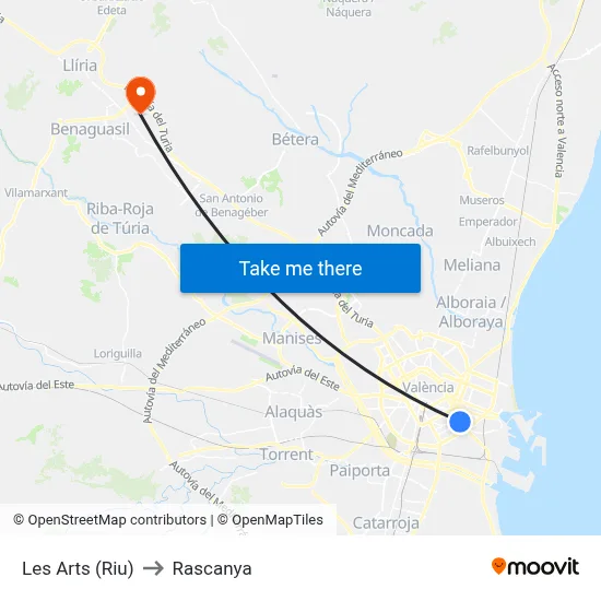 Les Arts (Riu) to Rascanya map