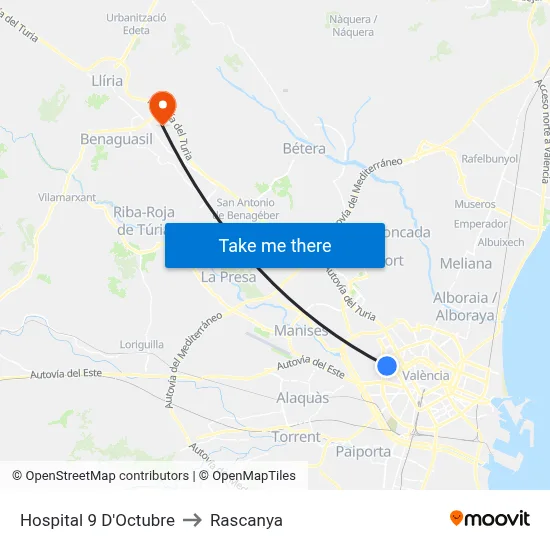 Hospital 9 D'Octubre to Rascanya map