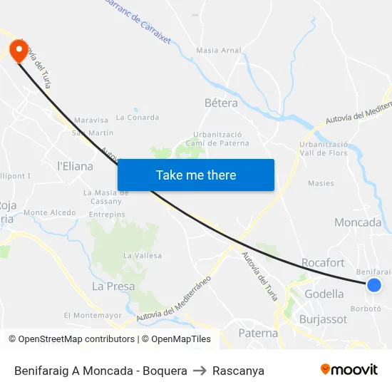 Benifaraig A Moncada - Boquera to Rascanya map