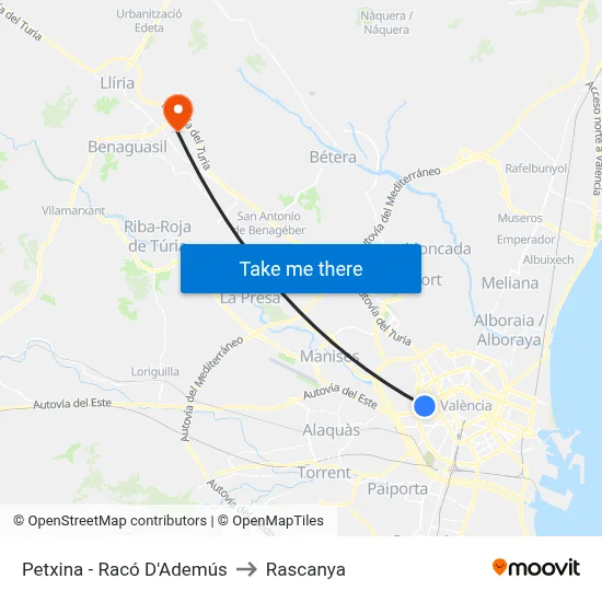Petxina - Racó D'Ademús to Rascanya map