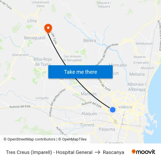 Tres Creus (Imparell) - Hospital General to Rascanya map