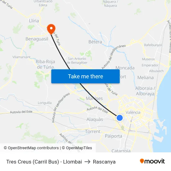 Tres Creus (Carril Bus) - Llombai to Rascanya map