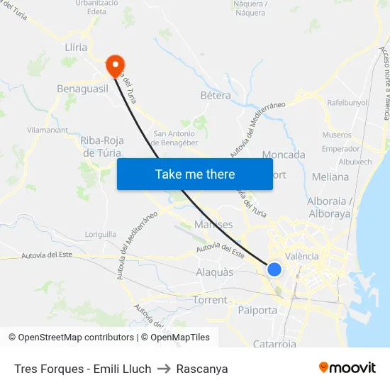 Tres Forques - Emili Lluch to Rascanya map